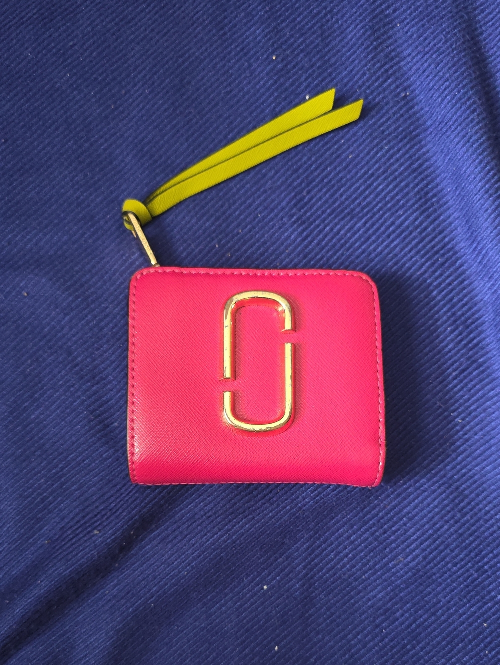 Marc Jacobs Hot Pink Leather Zip Wallet with Yellow Pull